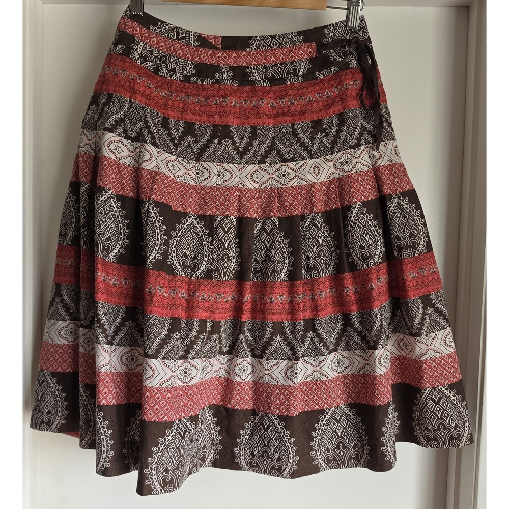 Ann Taylor Loft Skirt Size 2 Casual Boho Paisley Linen Cotton Brown Red White